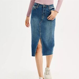 NWT SO High Rise MIDI Denim Skirt with Slit Blue Indigo size 15/ XL